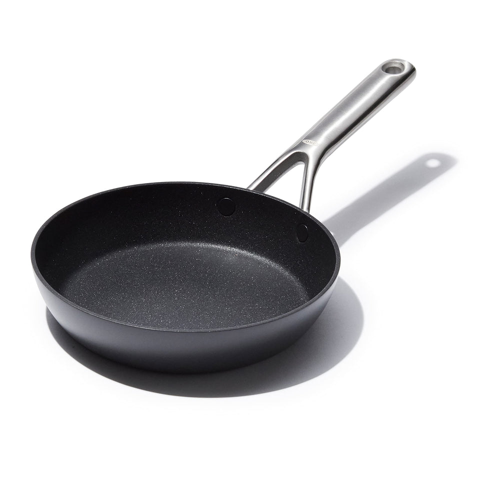 OXO Professional 8-inch frying pan with ceramic nonstick coating for easy release and cleanup.