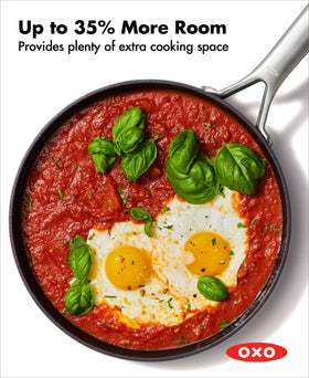 OXO Professional 8-inch frying pan with hard-anodized aluminum heats quickly and evenly.