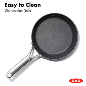 OXO Professional 8-inch frying pan is oven safe up to 600°F and dishwasher safe.