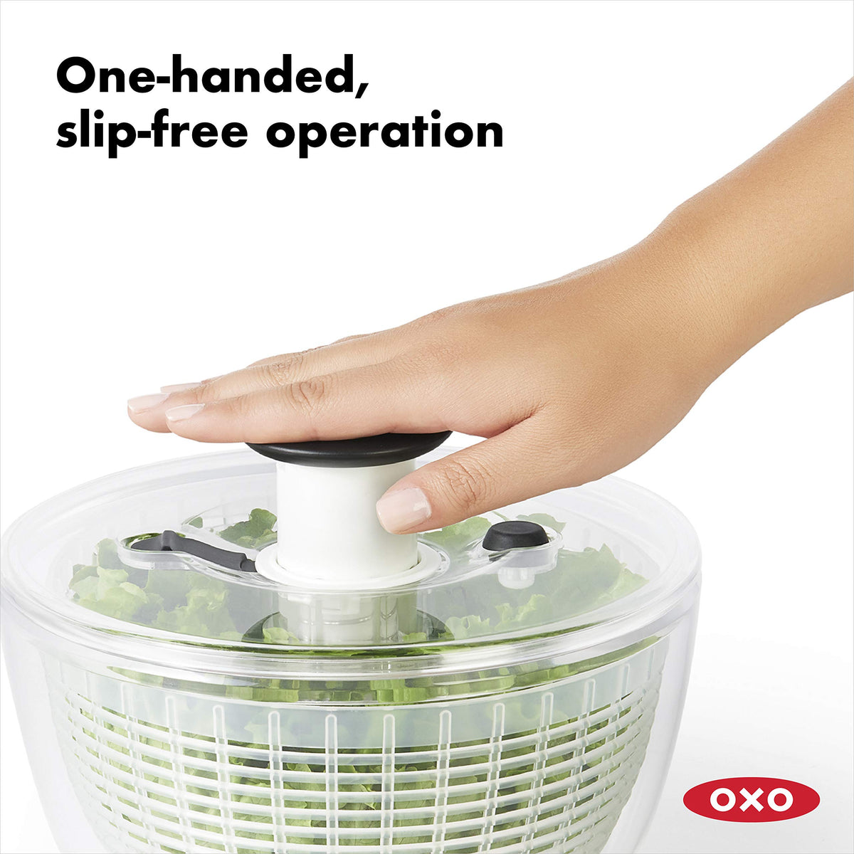 OXO Salad Spinner showing the nonslip ring for stable counter use