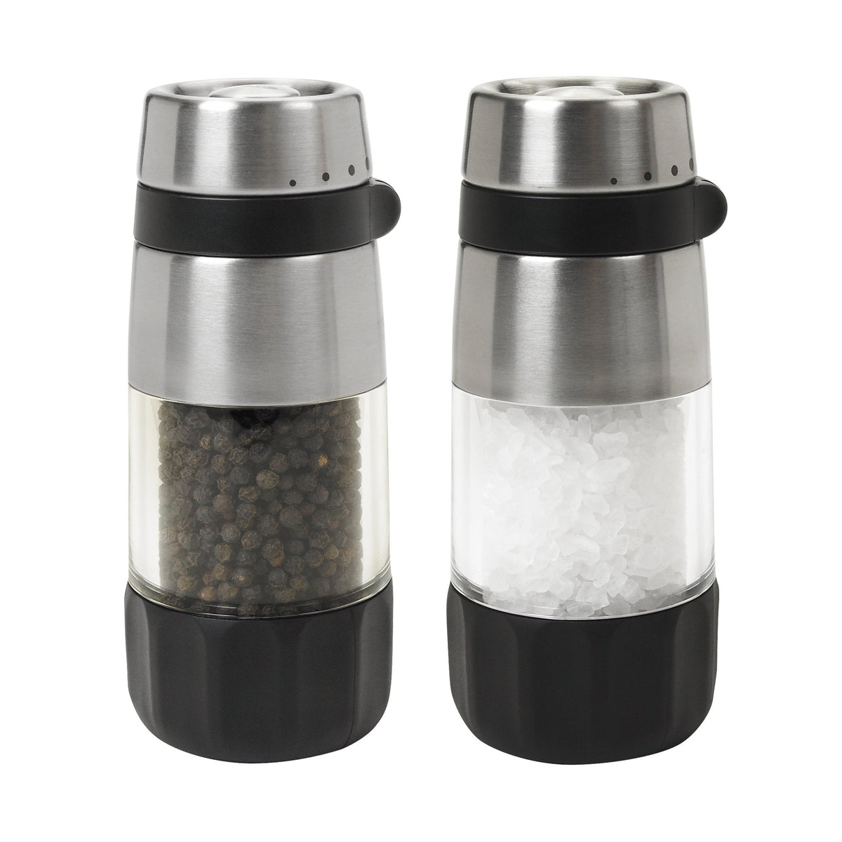 OXO salt grinder top view with stainless steel finish for clean countertops.