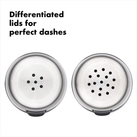 OXO salt and pepper shakers with side pour spout for neat cooking pours.
