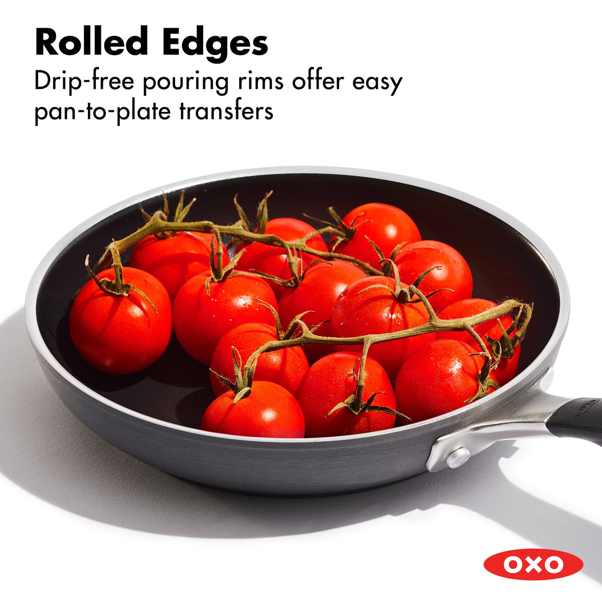 OXO pan features a BPA-free silicone handle for comfortable, secure grip