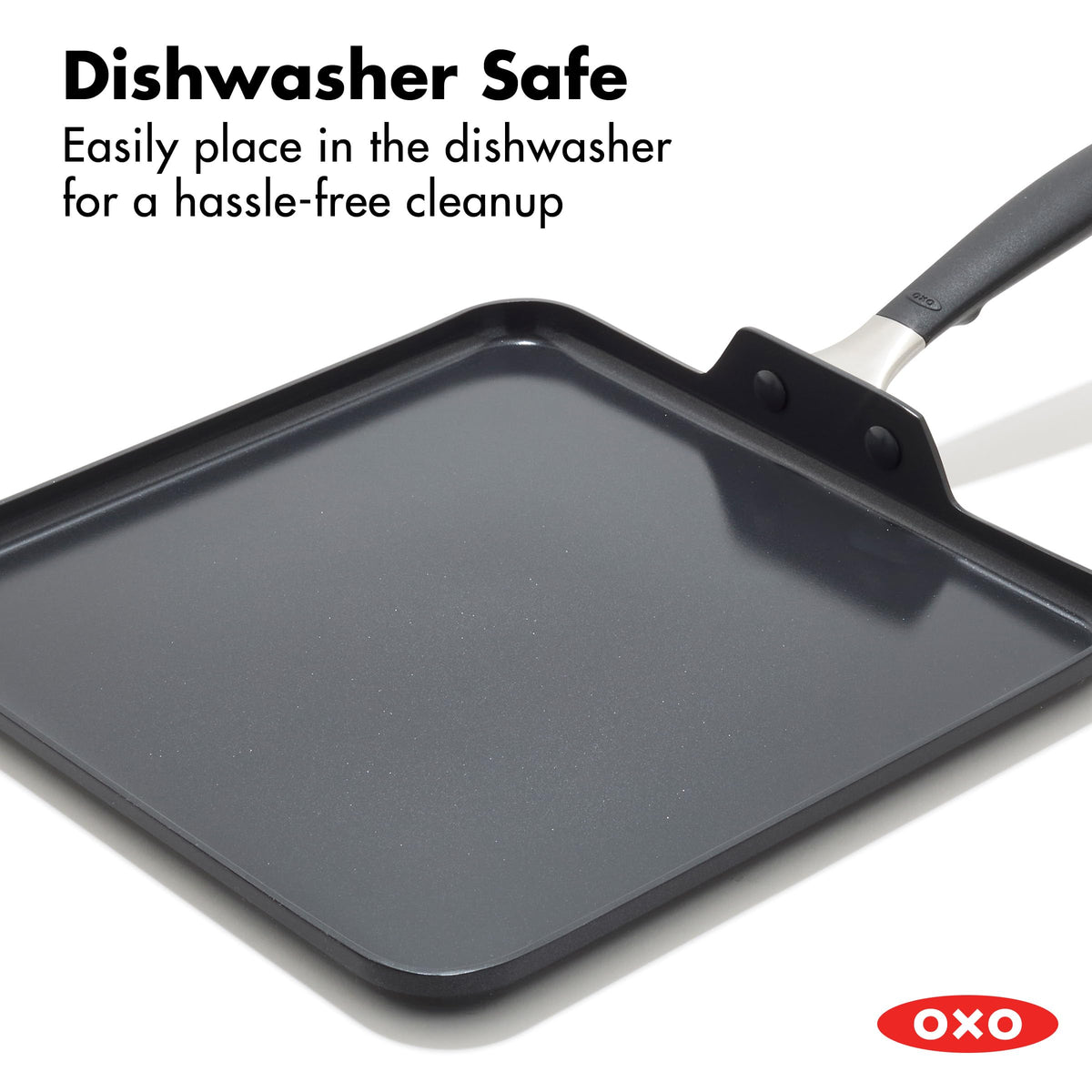 OXO silicone-handle close-up showing ergonomic grip for comfortable cooking.