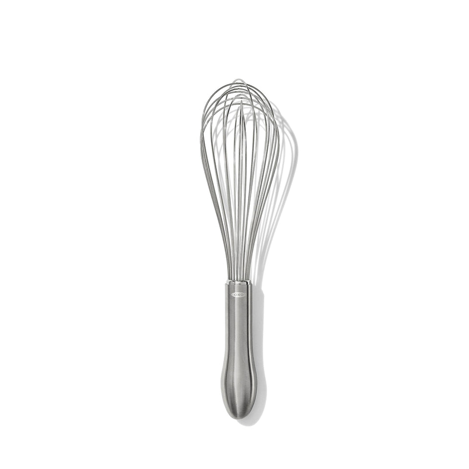 OXO Steel 11-In Whisk with ergonomic handle for comfortable mixing.