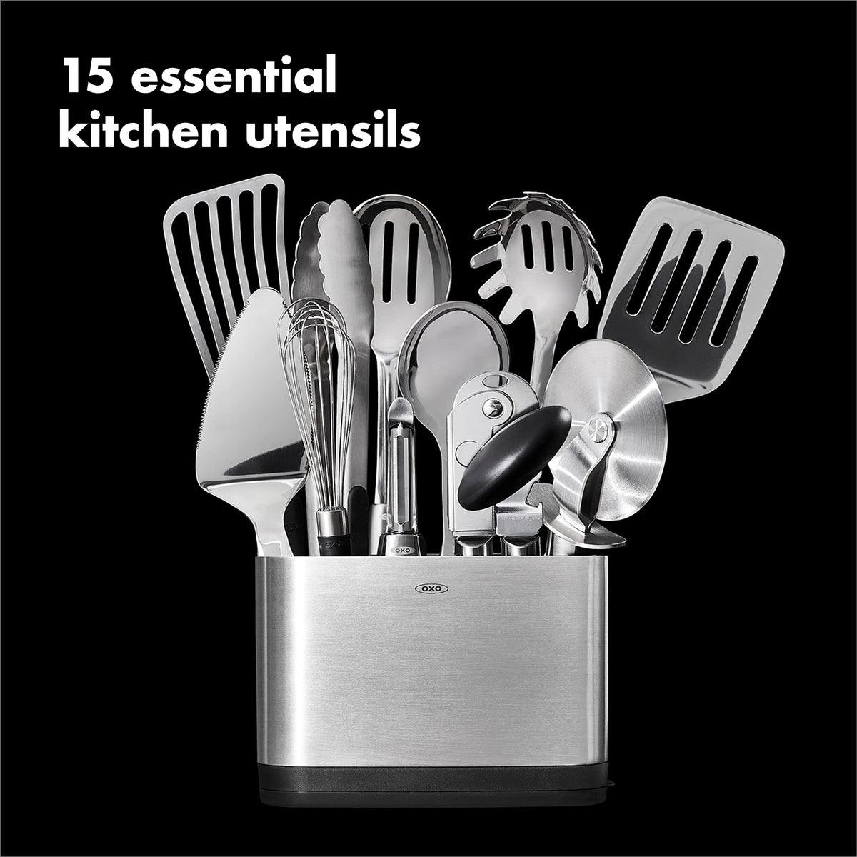 OXO Steel 15-Piece 12-Inch Tongs designed for secure grabbing and locking.