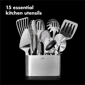 OXO Steel 15-Piece 12-Inch Tongs designed for secure grabbing and locking.