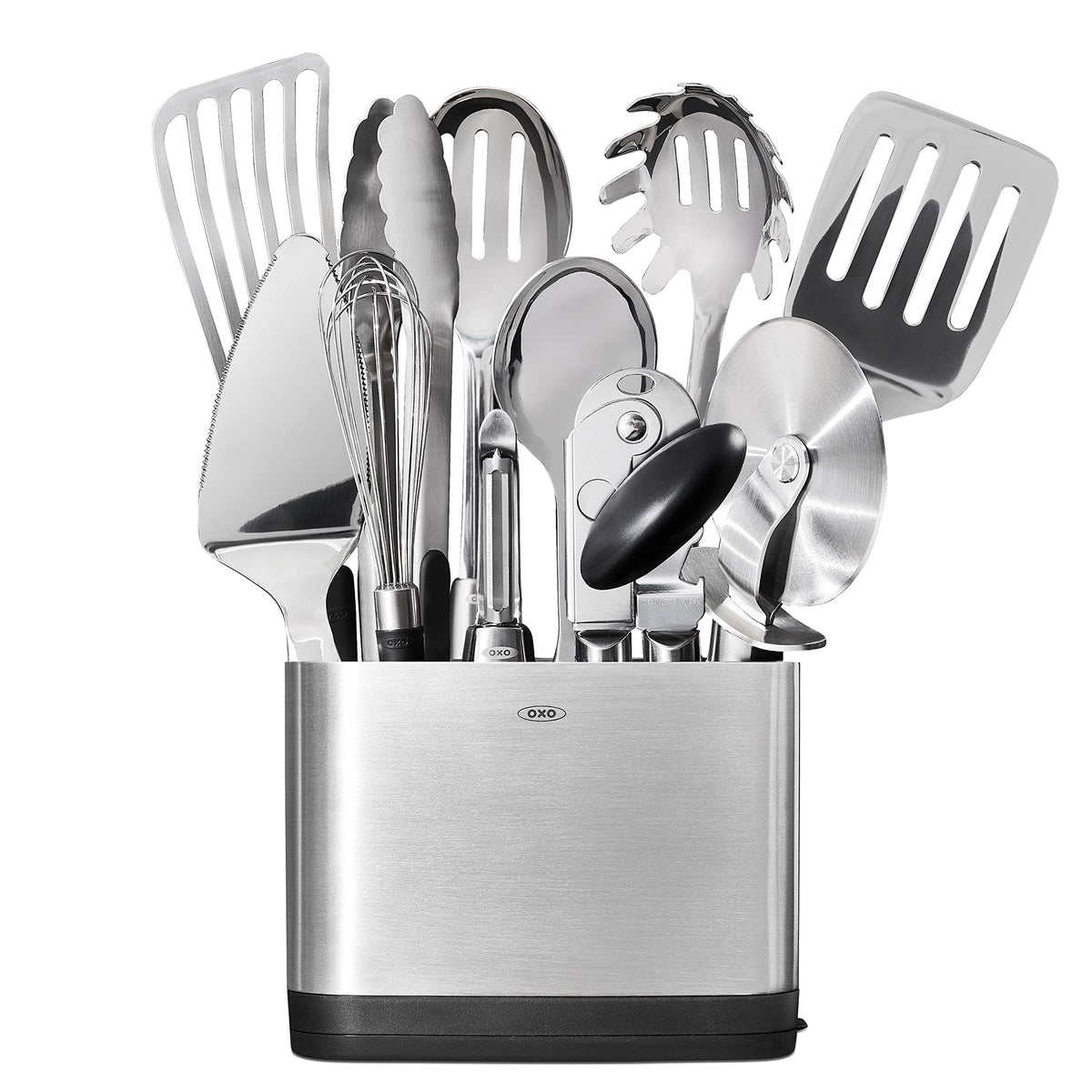 OXO Steel 15-Piece Utensil Spoon with non-slip grip for comfortable stirring.