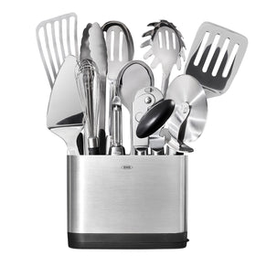 OXO Steel 15-Piece Utensil Spoon with non-slip grip for comfortable stirring.