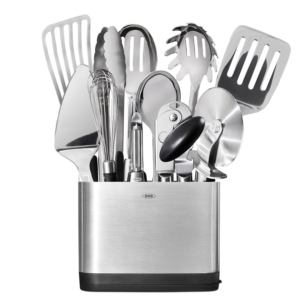 OXO Steel 15-Piece Utensil Spoon with non-slip grip for comfortable stirring.