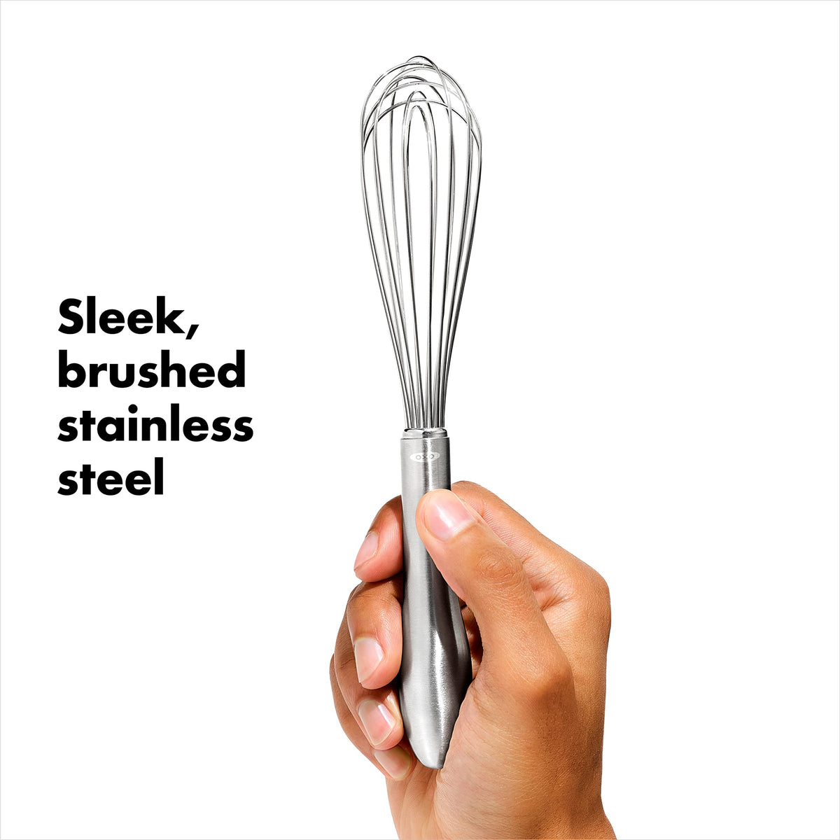 OXO SteeL 9-Inch Whisk beside dishwasher-safe label for easy cleaning.