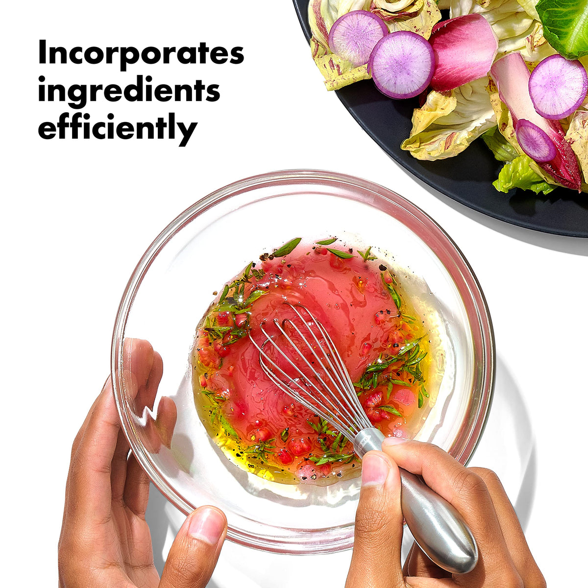 OXO SteeL 9-Inch Whisk palm-fit design for easy mixing.