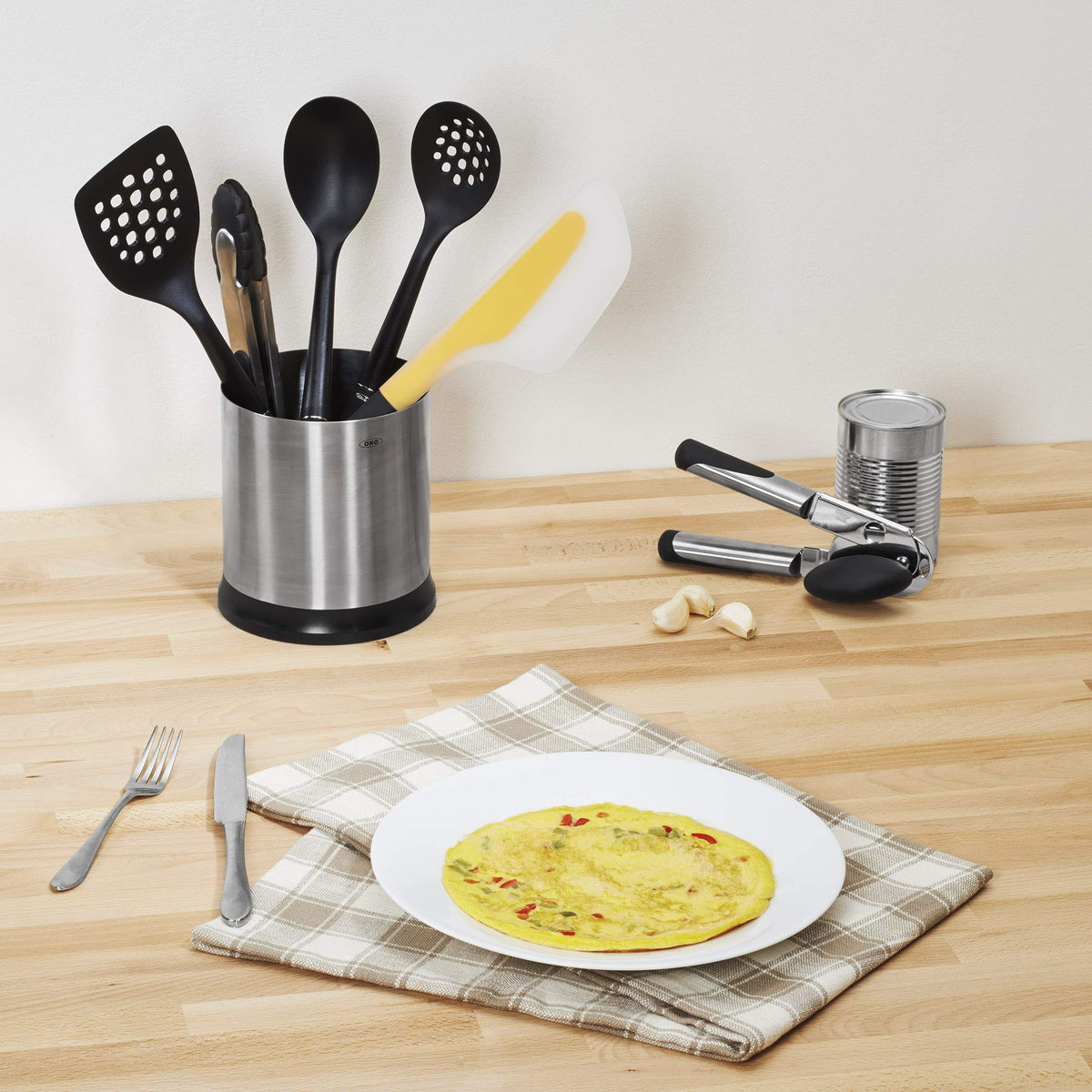 OXO SteeL can opener oversized knob enables effortless turning during prep