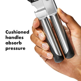 OXO SteeL can opener supports left- and right-handed cooks