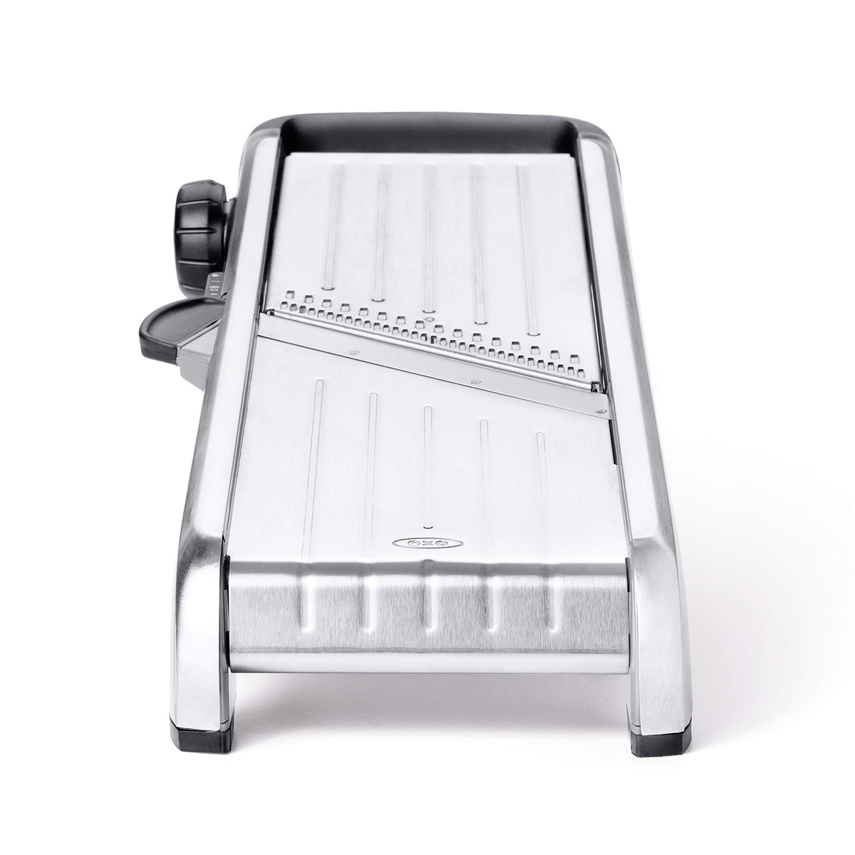 OXO SteeL Mandoline 2.0 blades stored on the board for quick access