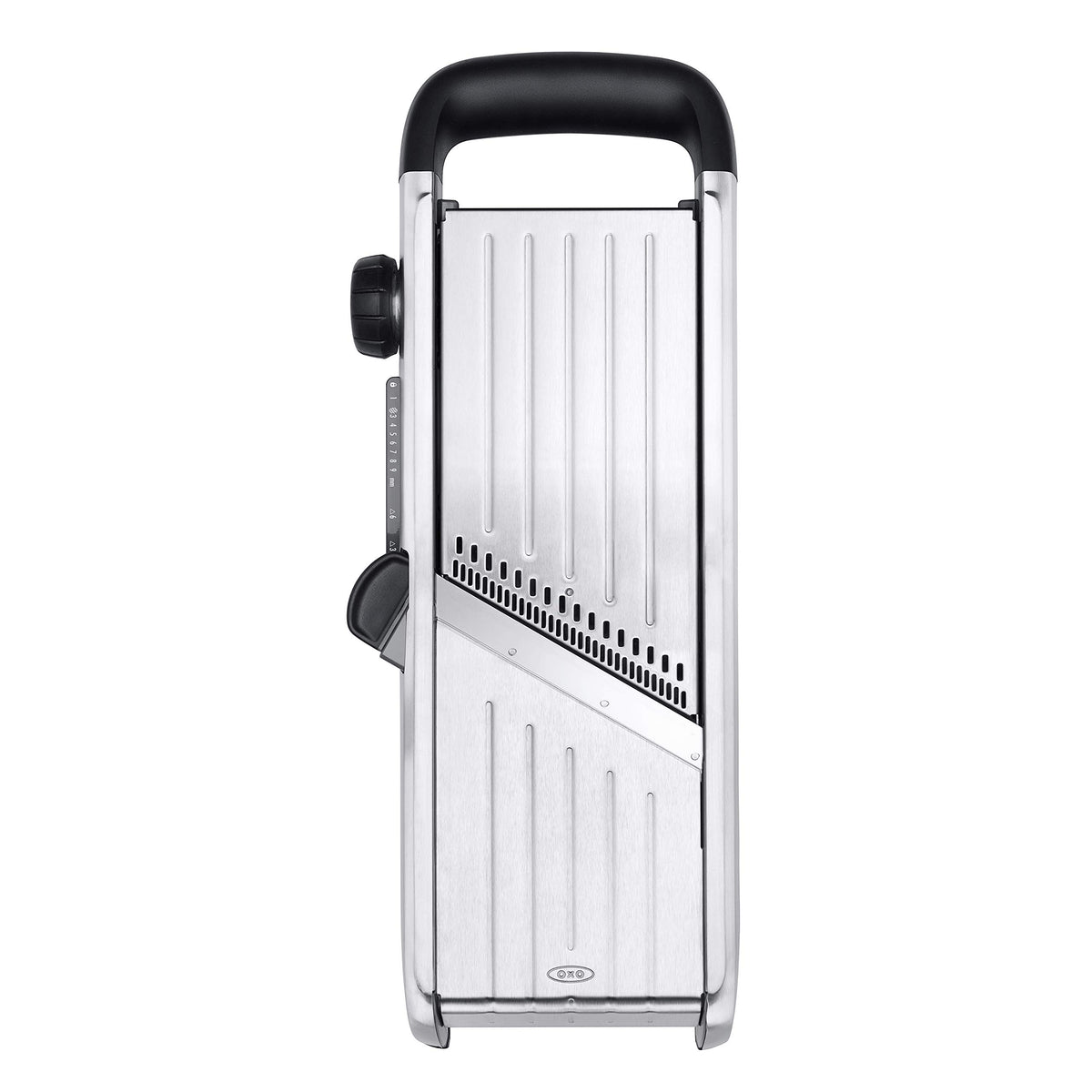 OXO SteeL Mandoline 2.0 large food holder secures ingredients