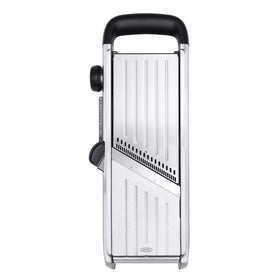 OXO SteeL Mandoline 2.0 large food holder secures ingredients