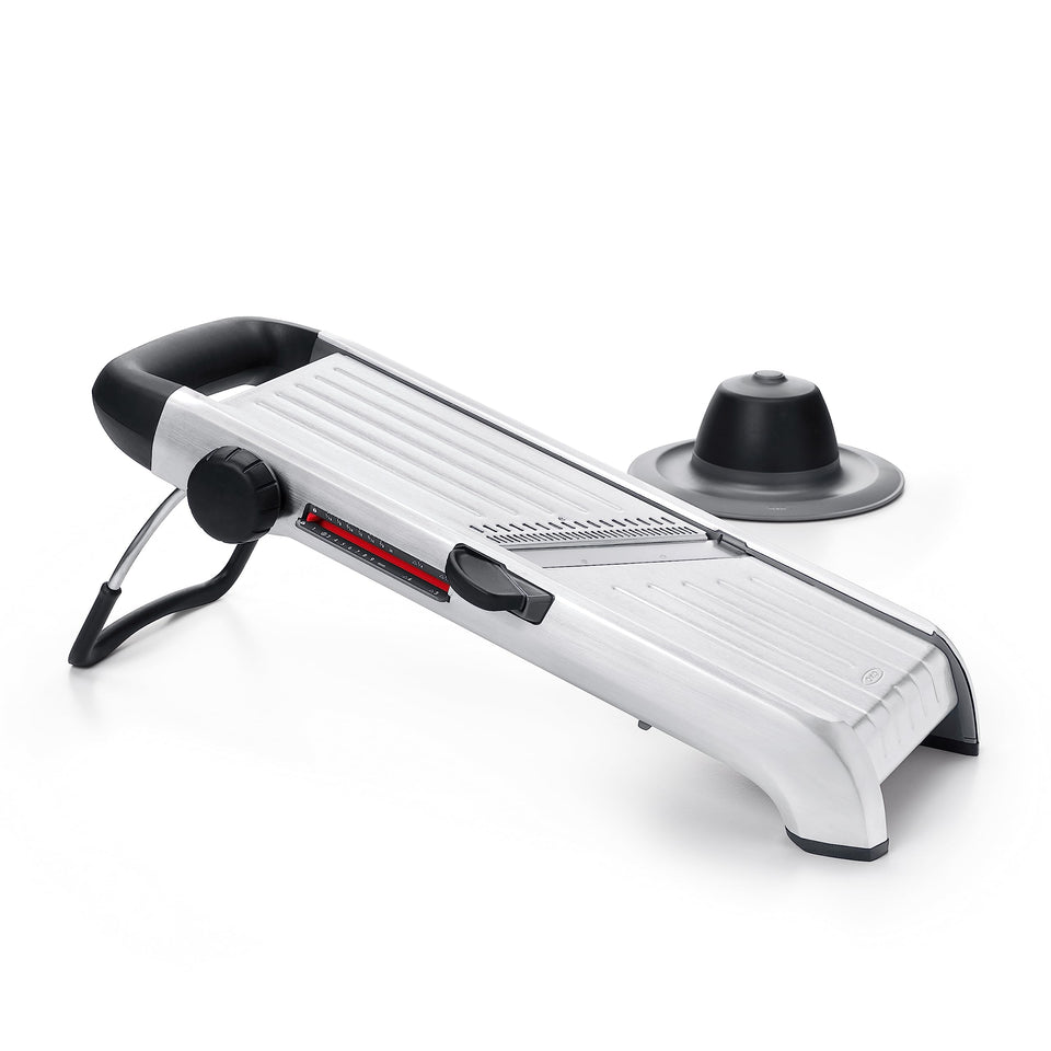 OXO SteeL Mandoline 2.0 showing the slice-thickness dial for precise cuts