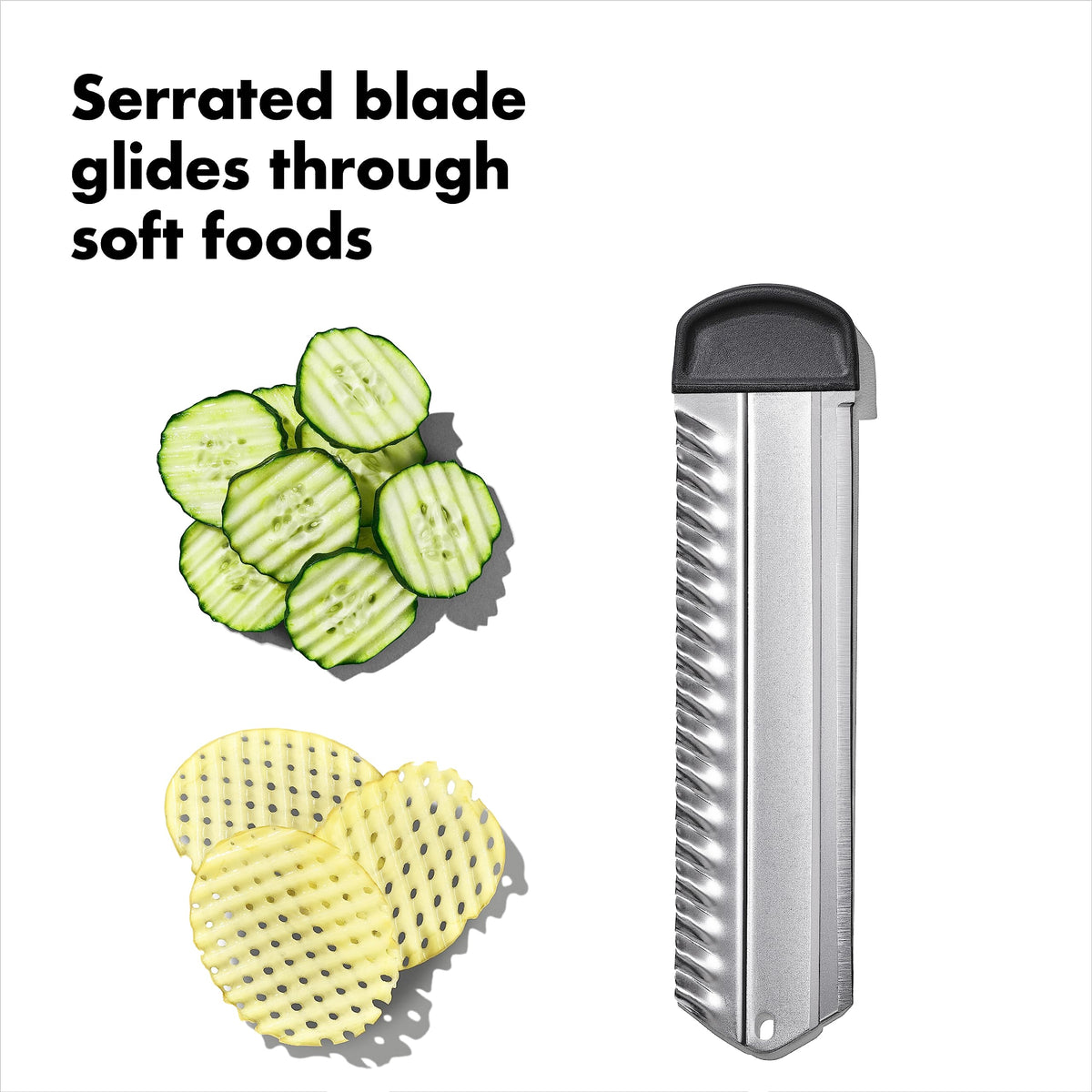 OXO SteeL Mandoline 2.0 soft-grip handle for comfortable slicing