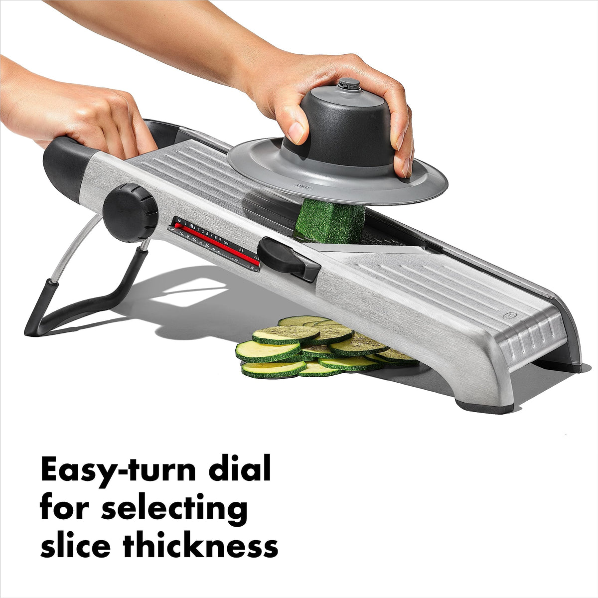 OXO SteeL Mandoline 2.0 wide non-slip feet stabilize on counter