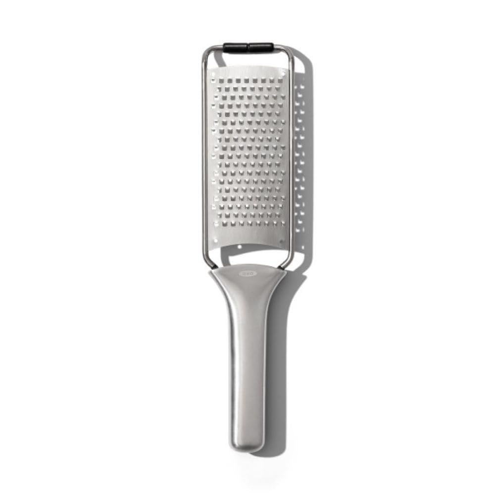 OXO Steel Grater with sharp etched teeth for fast, precise cheese grating