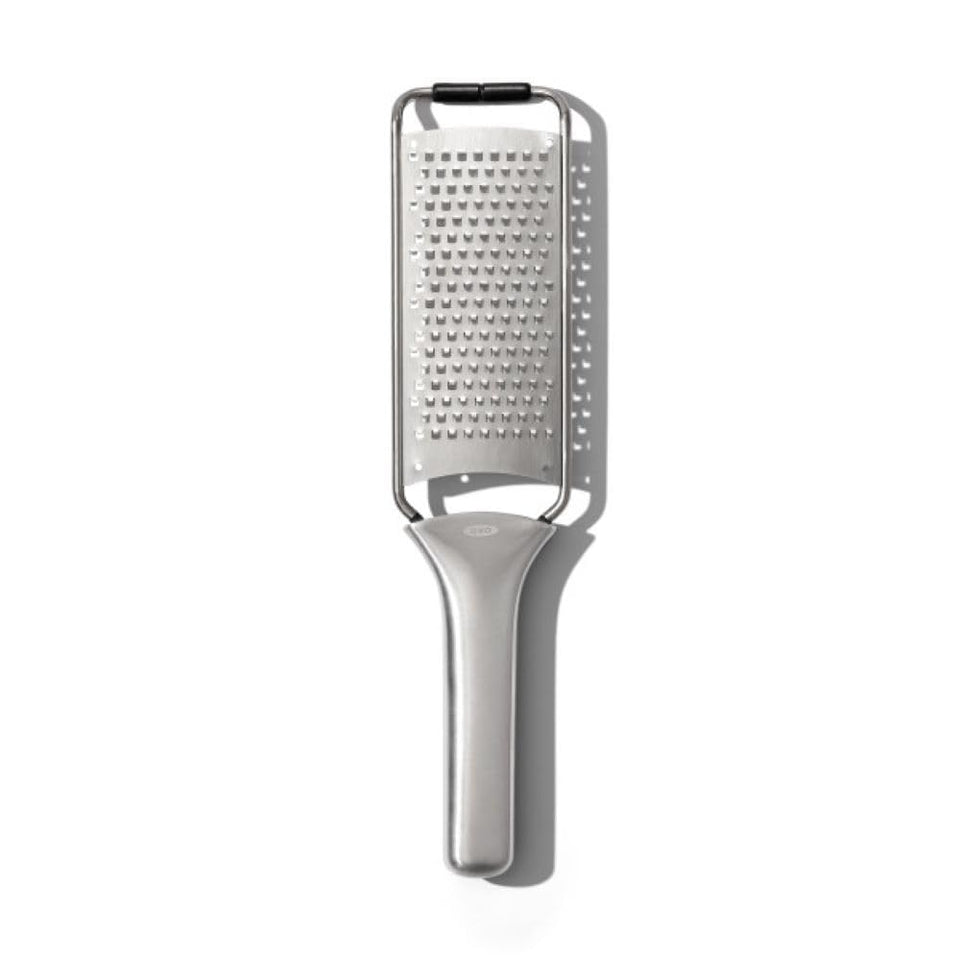 OXO Steel Grater with sharp etched teeth for fast, precise cheese grating