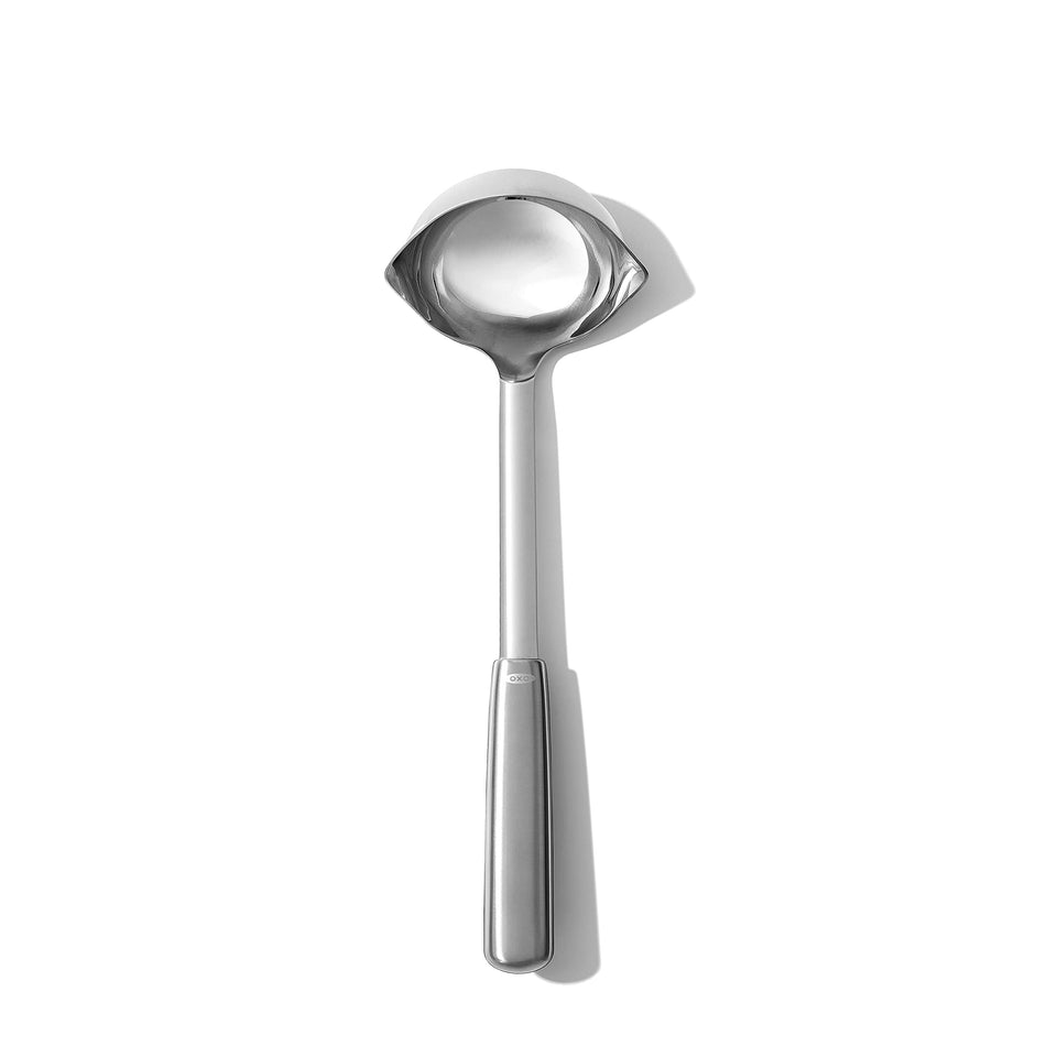 OXO Steel Ladle angled head for precise, mess-free scooping.