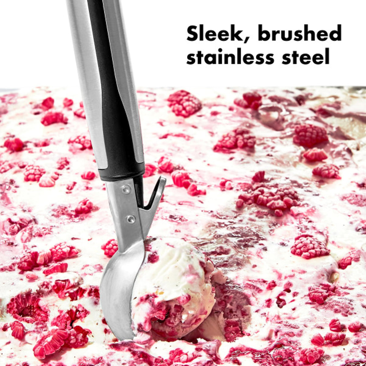 OXO Ice Cream Scoop includes hanging hole for convenient storage.