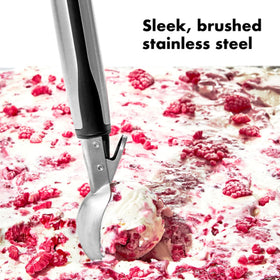 OXO Ice Cream Scoop includes hanging hole for convenient storage.
