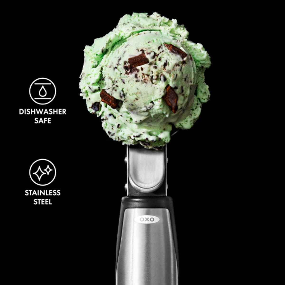 OXO Steel Lever Scoop complements modern kitchens with a sleek brushed finish.