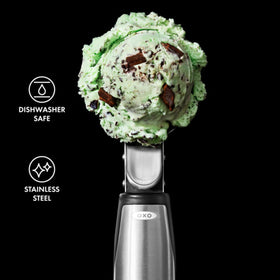OXO Steel Lever Scoop complements modern kitchens with a sleek brushed finish.