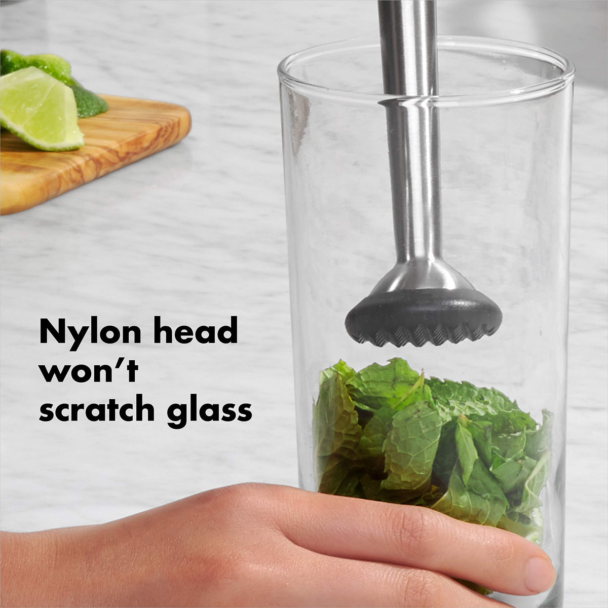 OXO Steel Muddler dishwasher safe for quick cleanup after use.