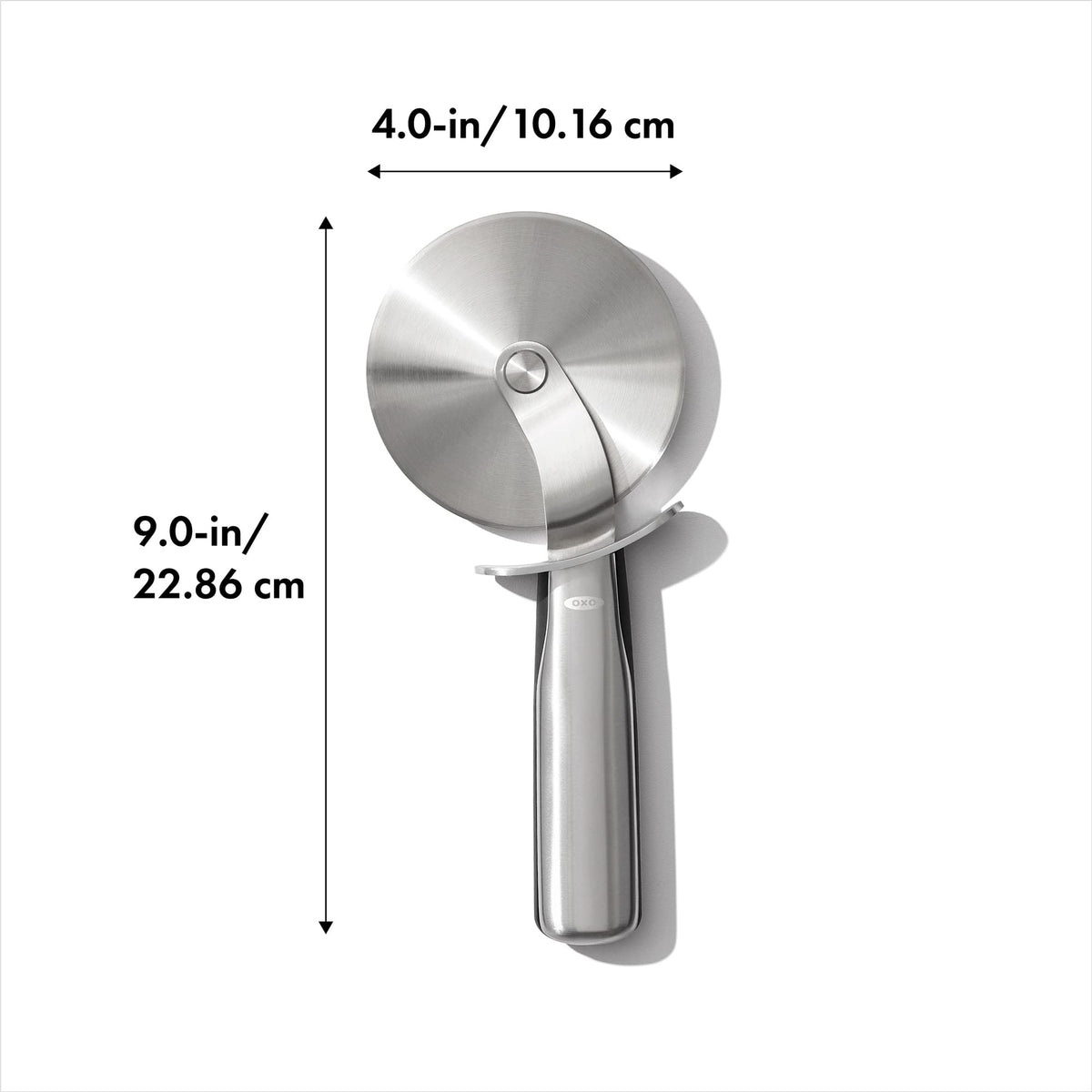 OXO Steel Pizza Wheel thumb guard visible for finger safety during slicing