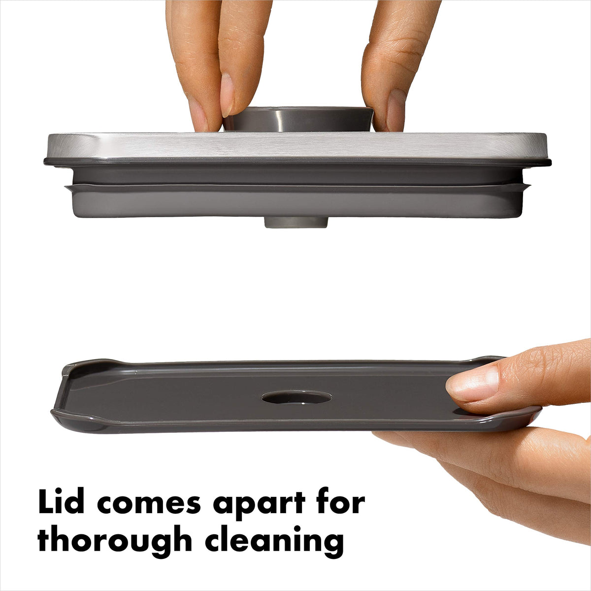 OXO Steel POP container with scoop attached under lid for easy use.