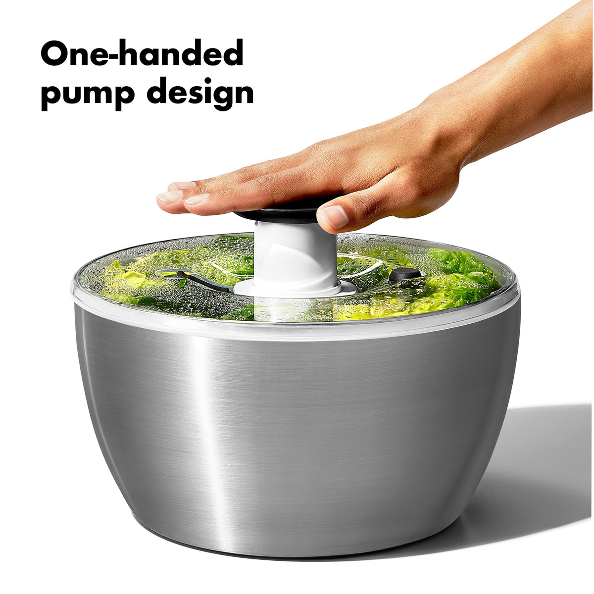 OXO Steel Salad Spinner brake button stops the basket instantly for unloading