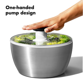 OXO Steel Salad Spinner brake button stops the basket instantly for unloading