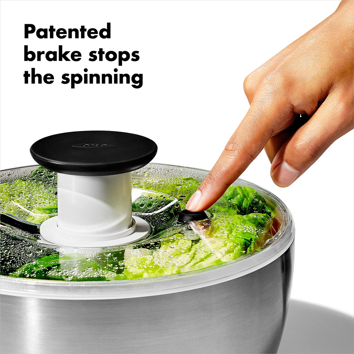 OXO Steel Salad Spinner lid detaches for thorough cleaning