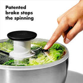 OXO Steel Salad Spinner lid detaches for thorough cleaning
