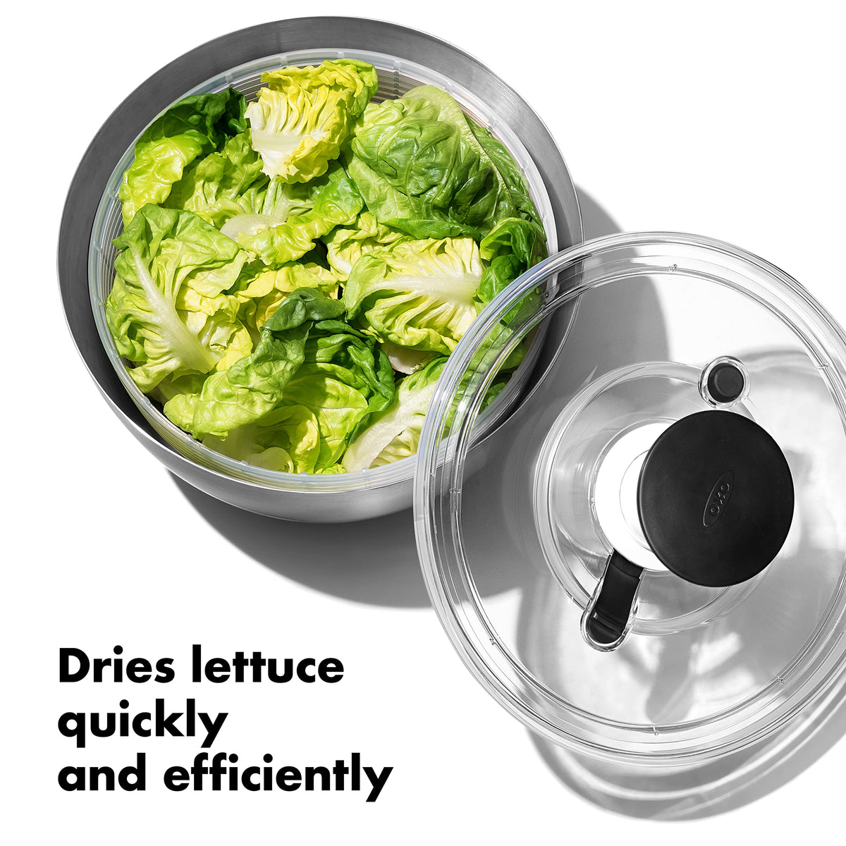 OXO Steel Salad Spinner pump provides one-handed control for quick drying