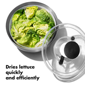 OXO Steel Salad Spinner pump provides one-handed control for quick drying