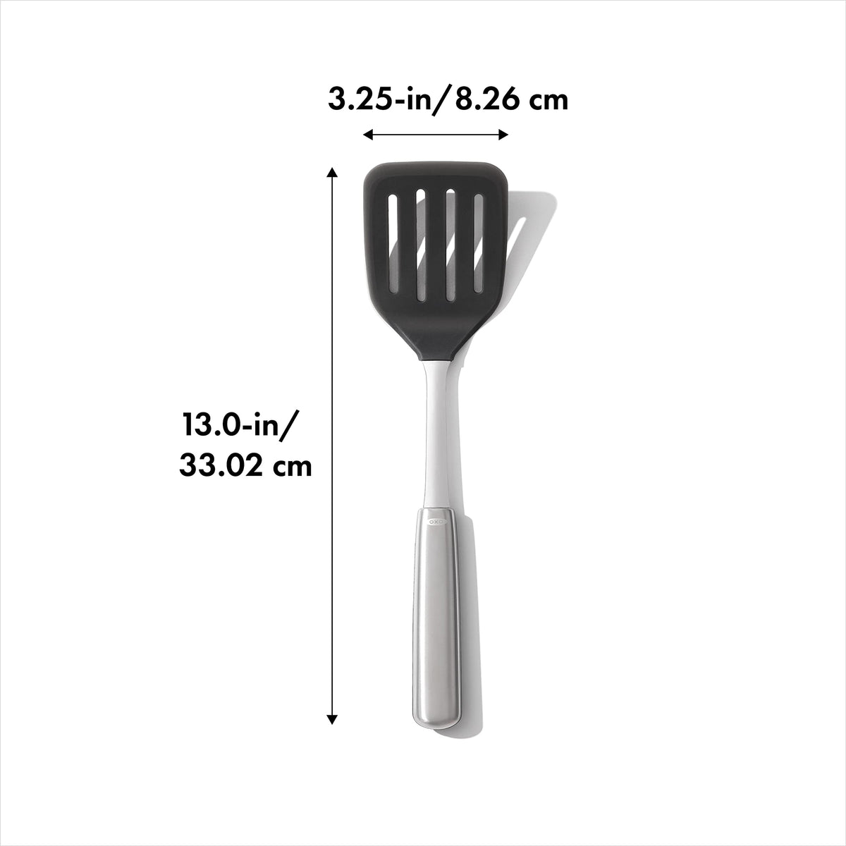 OXO Steel Silicone Flexible Turner handle closeup emphasizing non-slip grip for confident flipping
