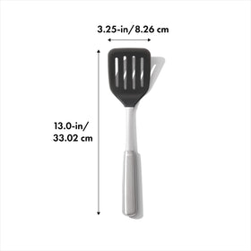 OXO Steel Silicone Flexible Turner handle closeup emphasizing non-slip grip for confident flipping