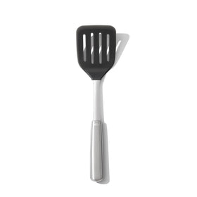 OXO Steel Silicone Flexible Turner head closeup shows heat safe silicone prevents scratching nonstick pans