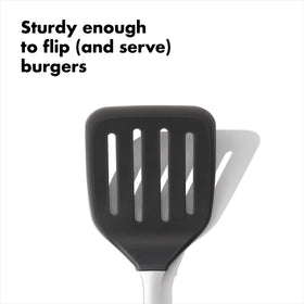 OXO Steel Silicone Flexible Turner from pan to plate with sturdy, reliable support