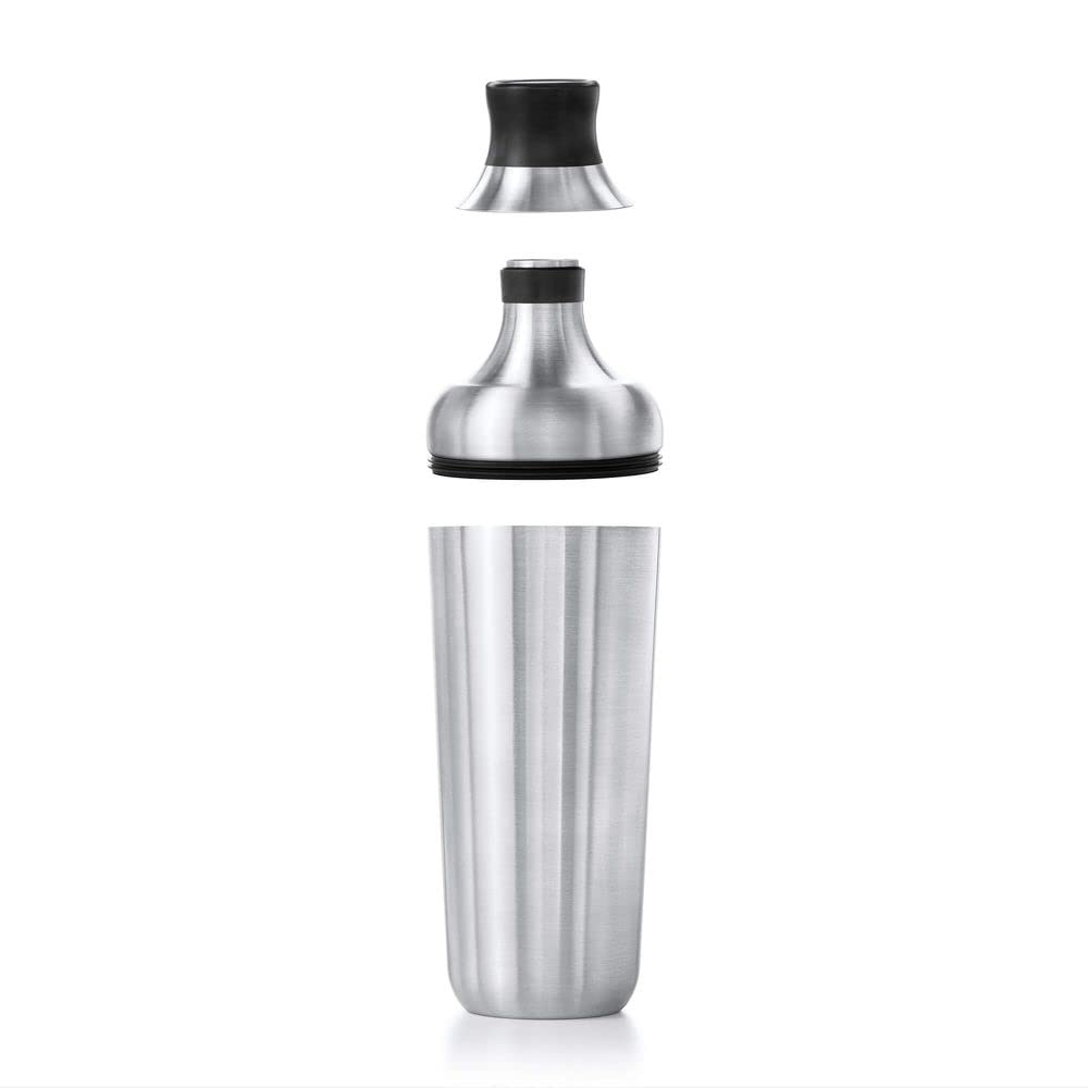 OXO Steel Shaker close-up shows sturdy grip on body.