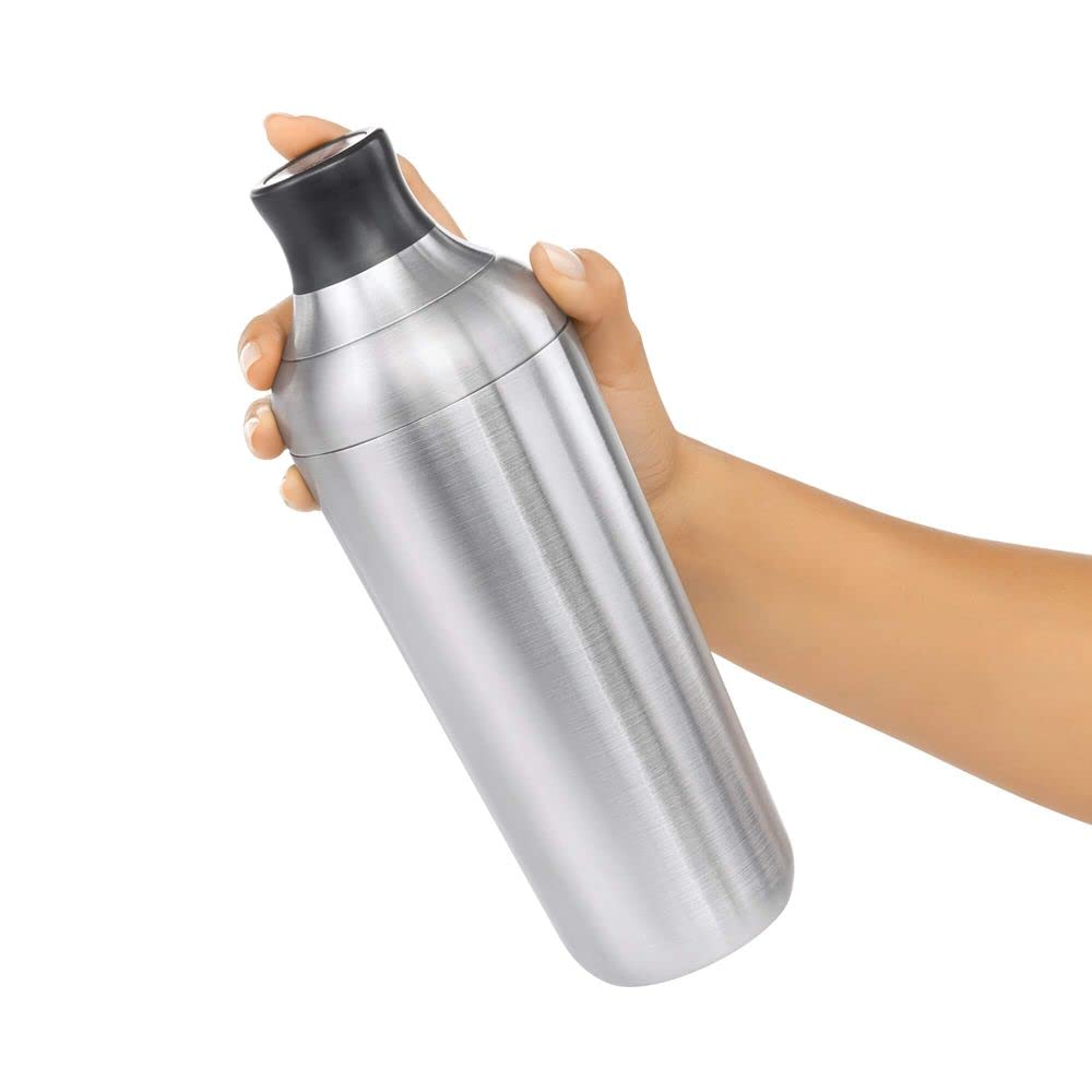 OXO Steel Shaker cap doubles as a jigger with measurements ½ oz ¾ oz 1 oz 1½ oz.