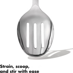 OXO Steel Slotted Spoon highlights sturdy stainless construction