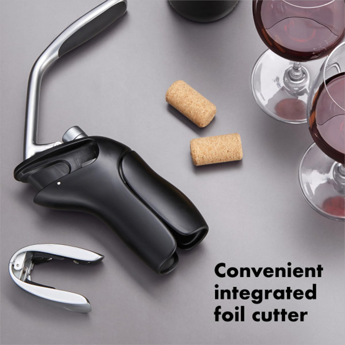 OXO Steel Vertical Lever Corkscrew works with natural and synthetic corks