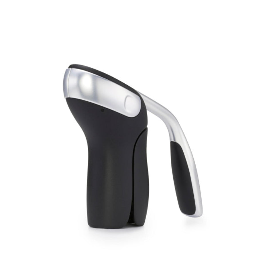 OXO Steel Vertical Lever Corkscrew in action opens cork smoothly