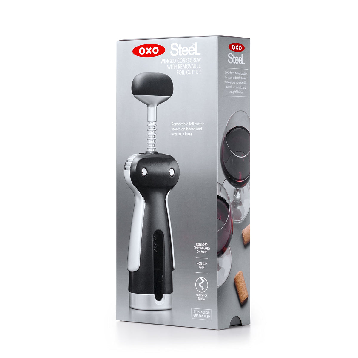 Turn counterclockwise to release corks on the OXO SteeL Winged Corkscrew.